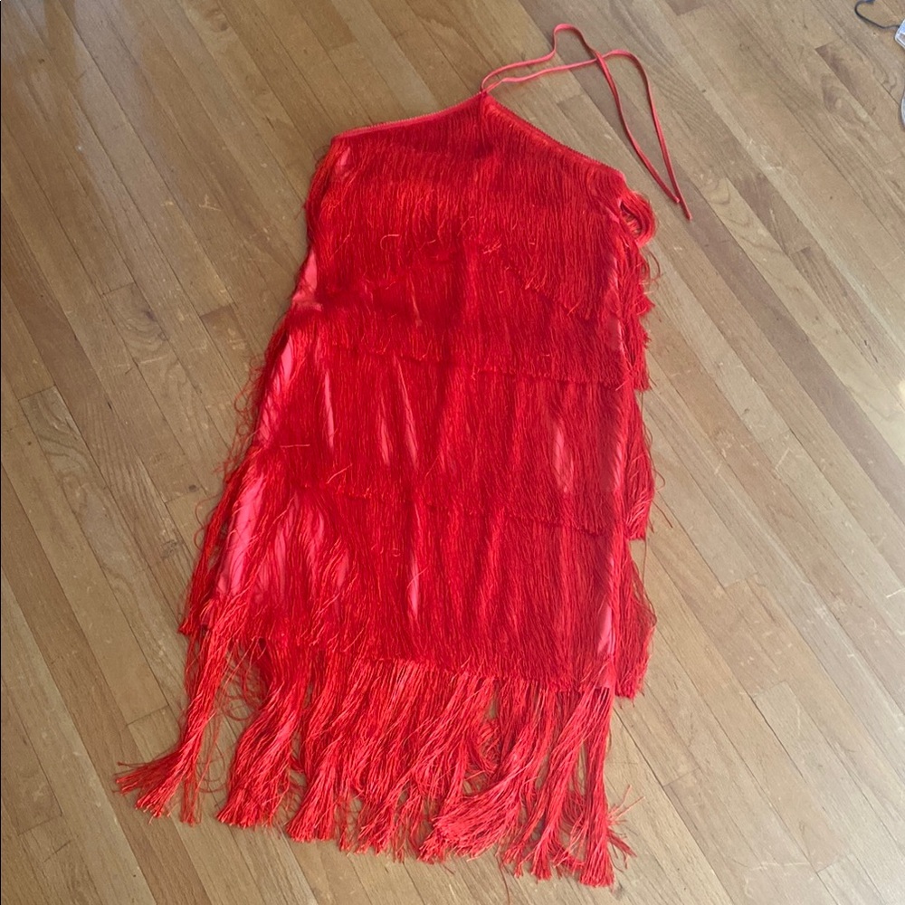 It Girl Women’s XL Satin Fringe Layer Vibrant Red Fringe Dress